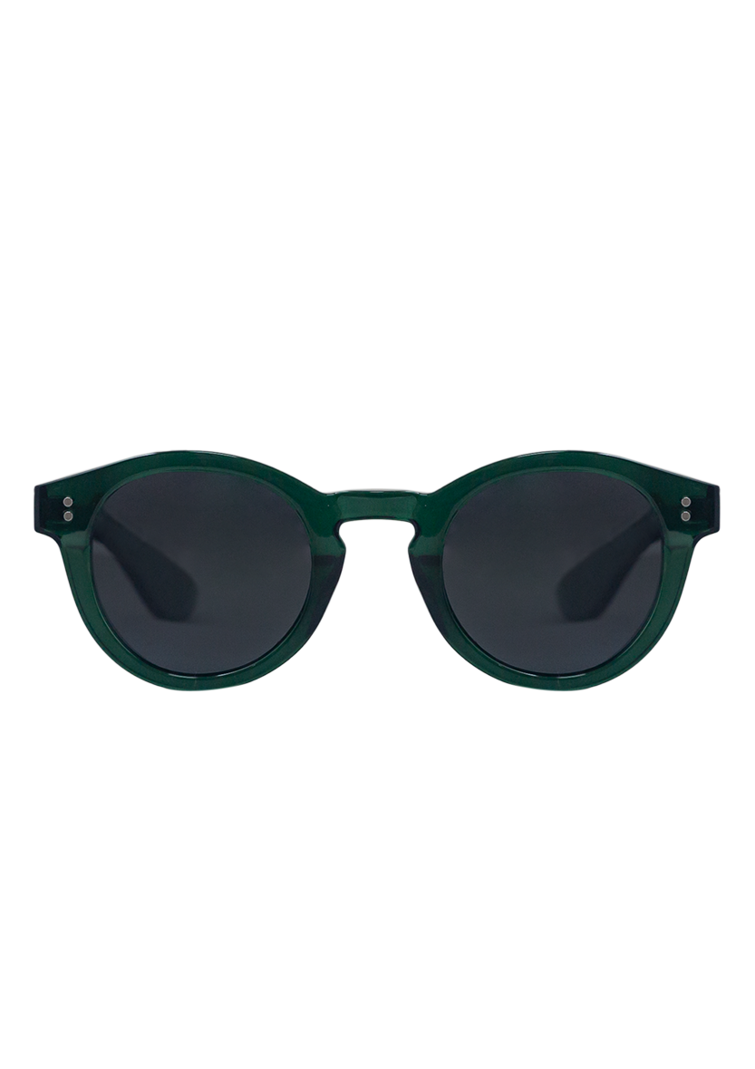 The Oceanides Rodea Crystal Green Sunglasses feature dark green, thick recycled plastic frames and dark-tinted polarized lenses, shown against a plain white background.