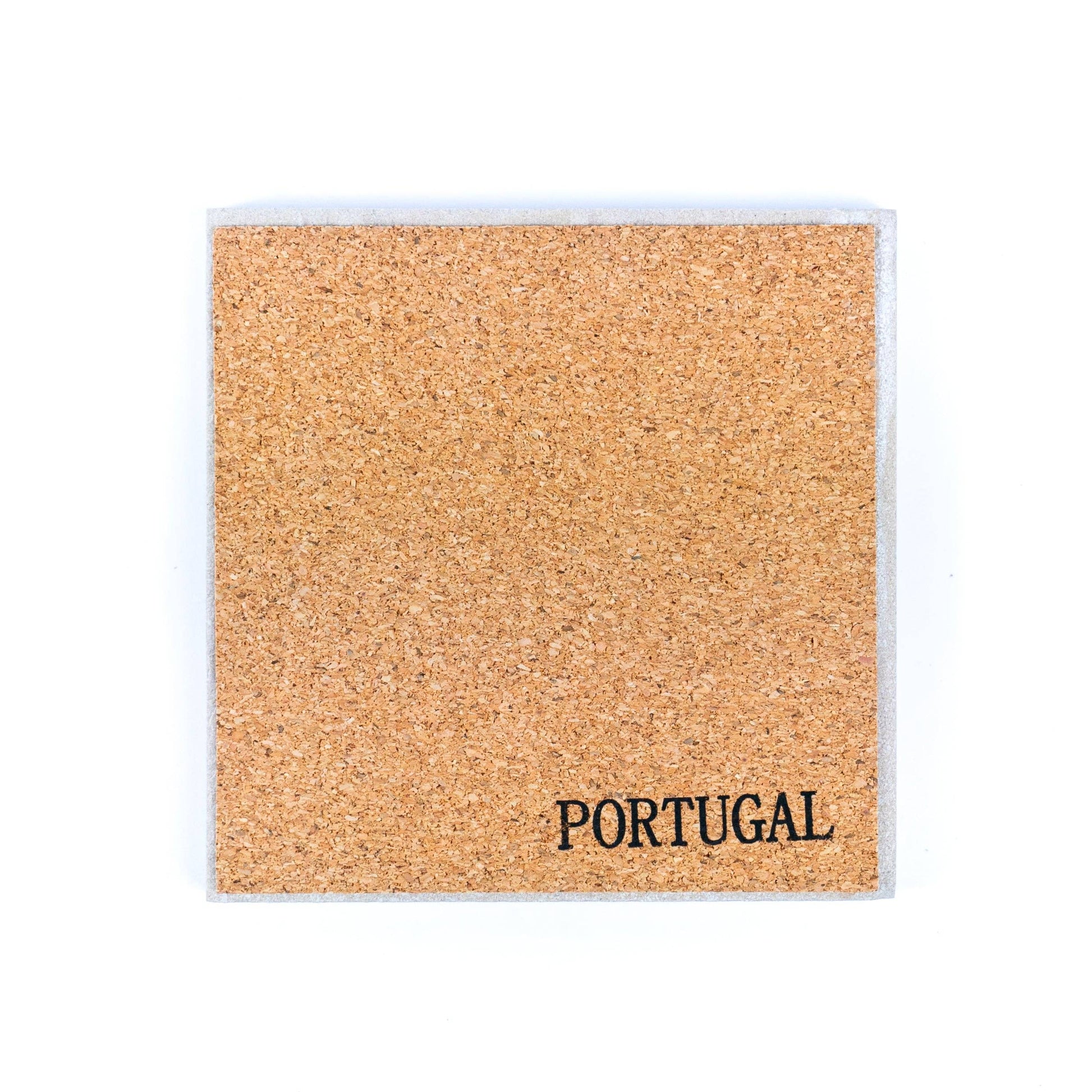 The Meninas Bonitas Cork Tile-Inspired Ceramic & Cork Coasters - Set of 6 features square coasters with azulejo designs and PORTUGAL printed in black on a white background.