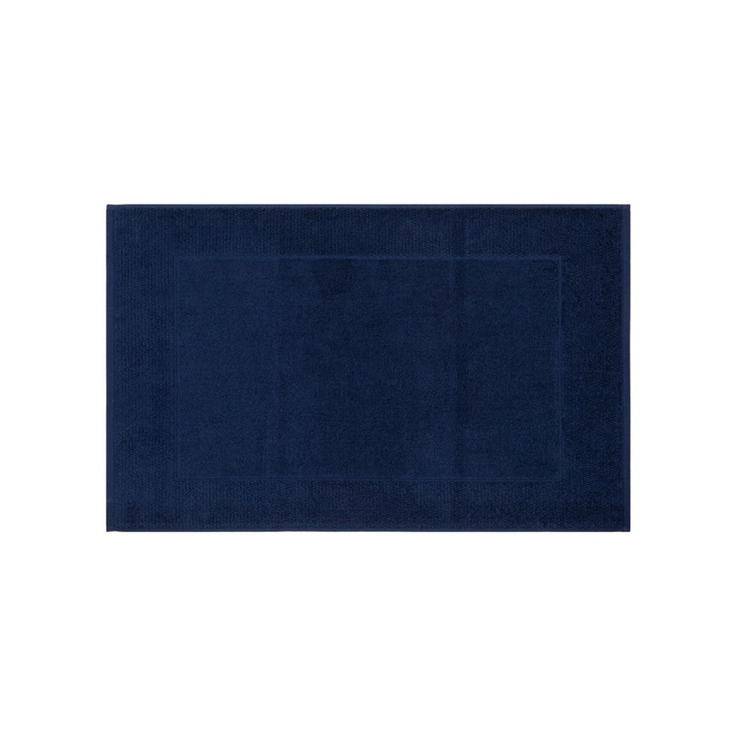 Cobalt blue cotton bath mat, plush and absorbent, made in Portugal—top view on a white background.
