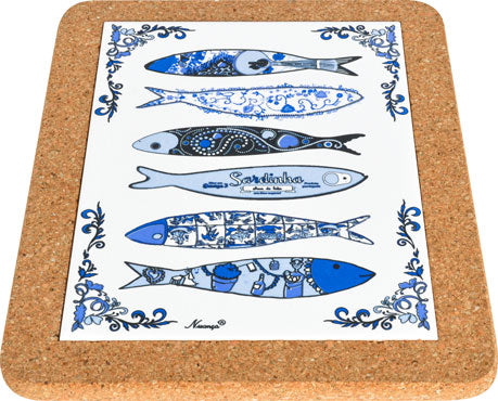 The Sardines Cheese Board by Barcelos Imports is a cork-backed tile featuring five blue and white illustrated sardines with decorative patterns and a blue floral border—ideal for serving cheese with Portuguese flair.