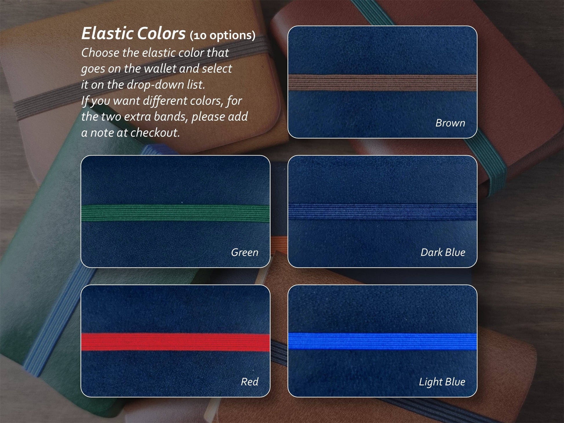Five Singular Leather wallets with elastic bands in brown, green, dark blue, red, and light blue are shown, each offering RFID protection. Instructions guide you in selecting your preferred elastic color for the Marine Blue Leather Wallet.