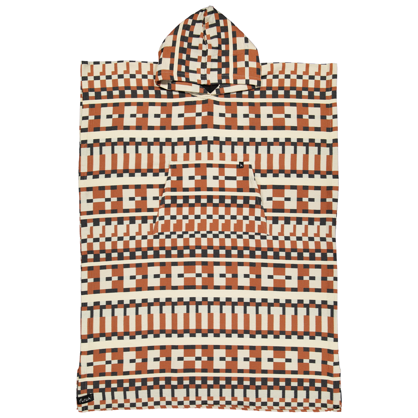 The Cacela Poncho by Futah is a hooded beach poncho towel featuring a geometric pattern with brown, black, and cream tones. Inspired by Portuguese beachwear, its design showcases repeating zigzags and rectangular shapes, complemented by a large front pocket.