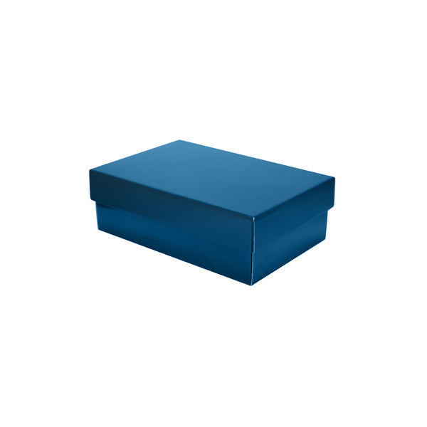 A closed, rectangular blue gift box from Wrapped's Gift Wrapping is centered on a white background, highlighting elegant wrapping options.
