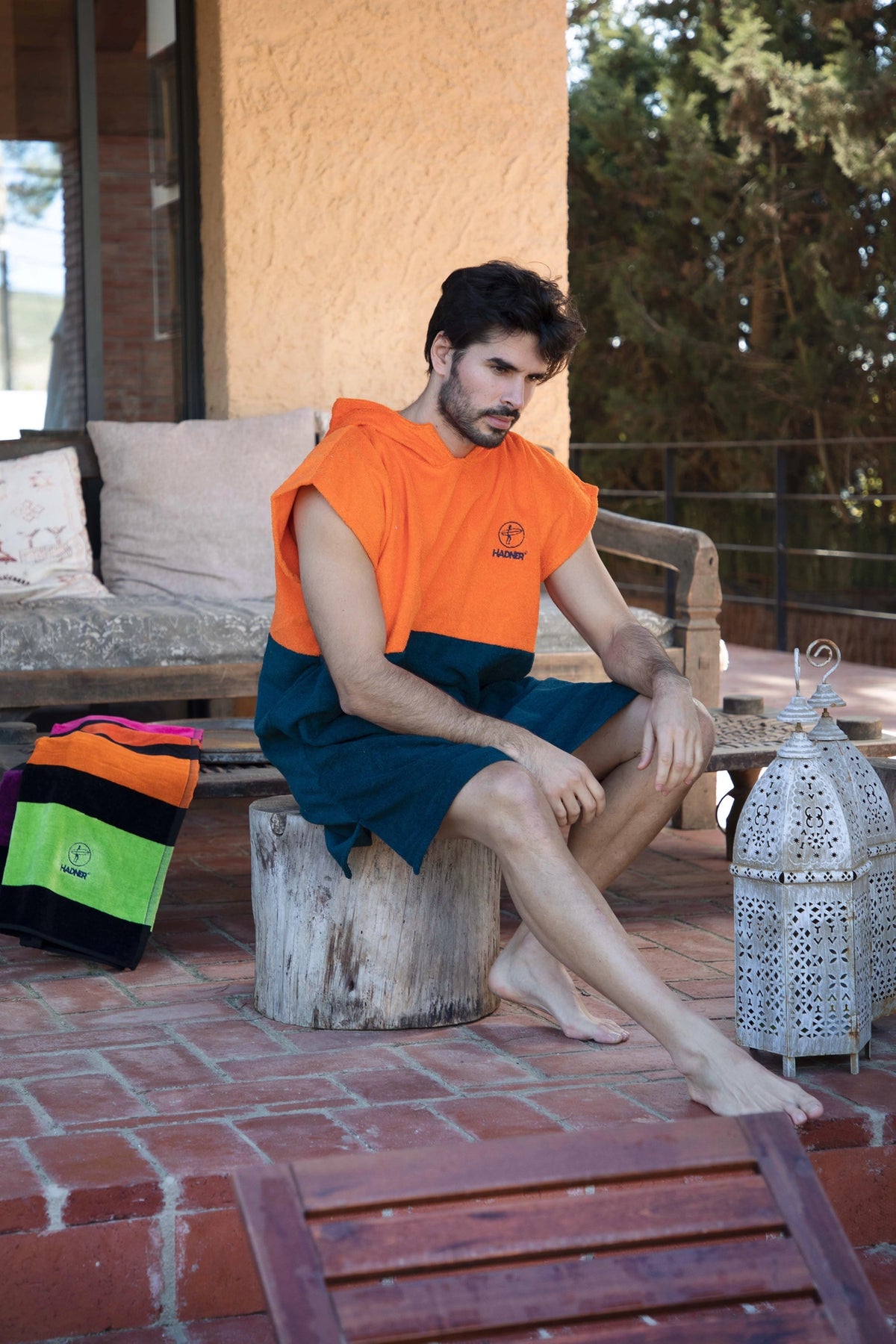 Hadner Horizon Orange hooded poncho for beach and swimming