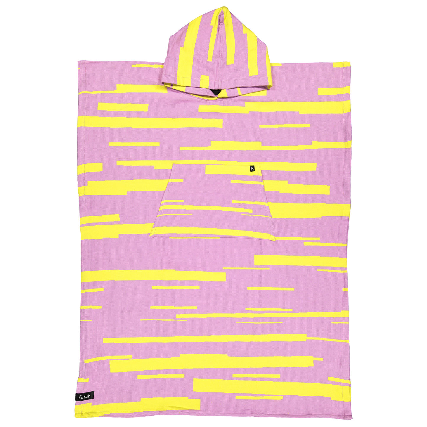 The Futah São Jorge Poncho is a stylish and comfortable cotton beach poncho, designed with a pink background and horizontal yellow stripes. Featuring a hood, convenient front pocket, and a small black label at the bottom, this poncho is made in Portugal—perfect for seaside adventures.