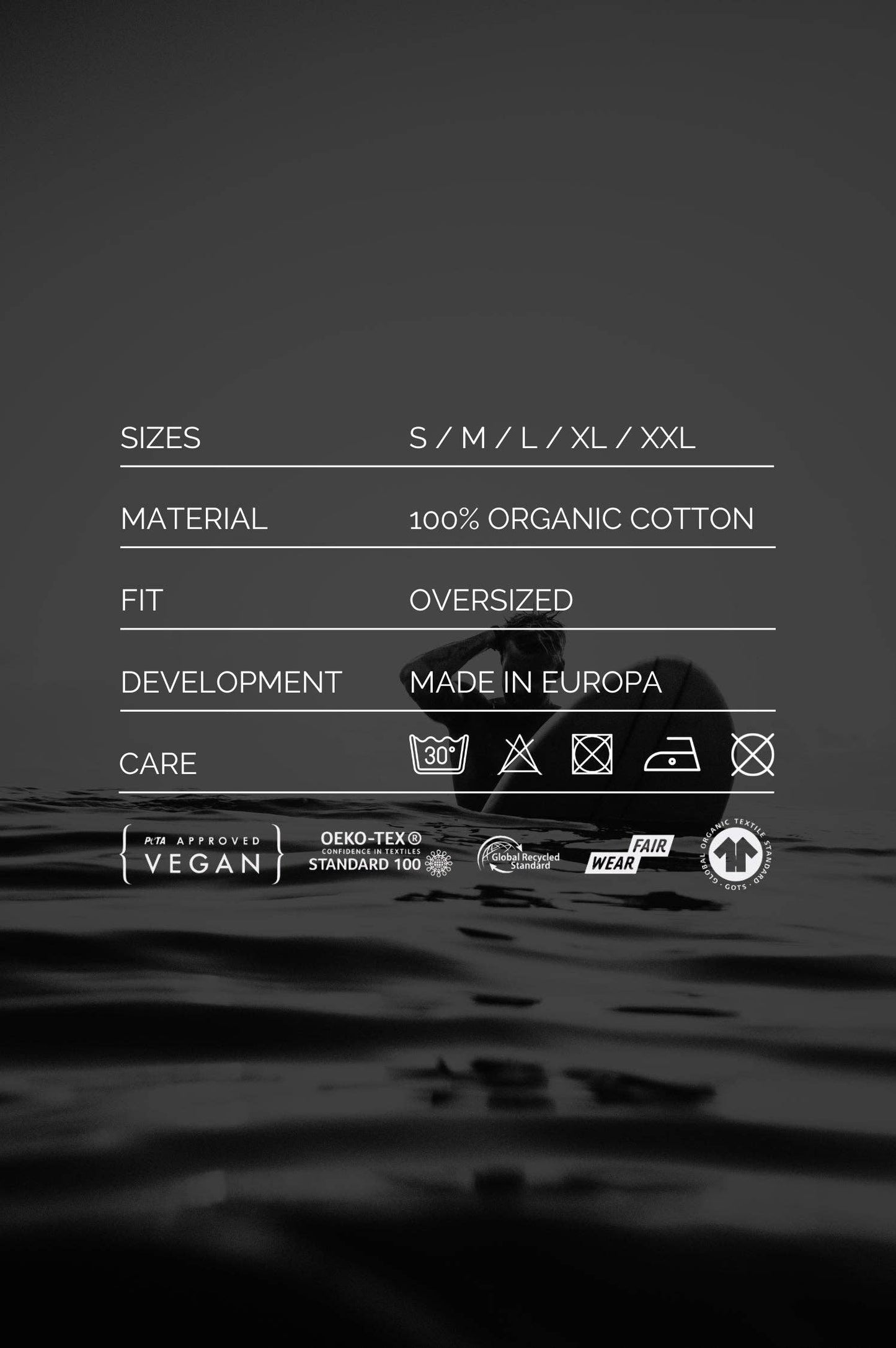 The Humpier Sardines T-Shirt info sheet covers sizes S–XXL, 100% organic cotton, oversized fit, Mediterranean style, made in Europe, vegan and OEKO-TEX certified with laundry care icons and ethical production standards.