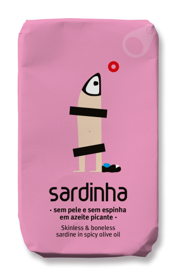 A pink tin of Sardinha Skinless and Boneless Sardines in Spicy Olive Oil features a playful sardine illustration looking up at a red circle, with the label in both Portuguese and English.