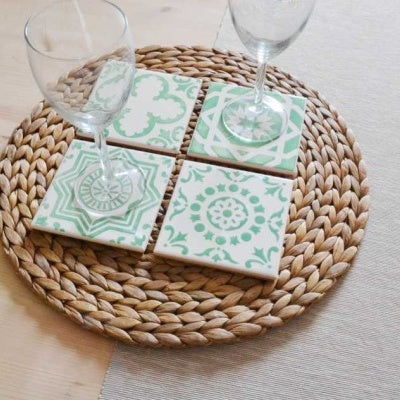 Coasters Set - Hand painted Green aqua tiles, Set A