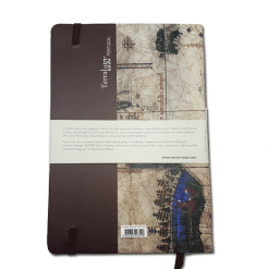 A brown notebook featuring an old-world map cover and elastic closure, wrapped with a paper label and barcode—perfect for tucking into your Terra Lusa Cantino Eco Shopper or any eco-friendly bag.