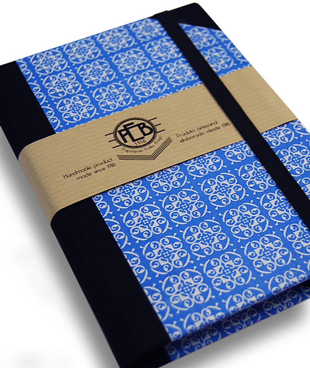 hand bound notebook with blue tile design