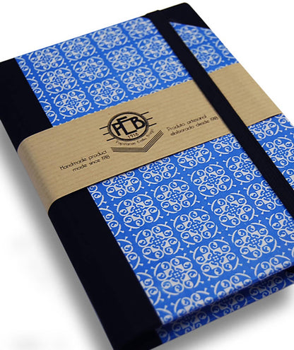 hand bound notebook with blue tile design