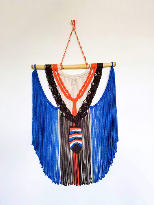 Blue and black macrame wall hanging