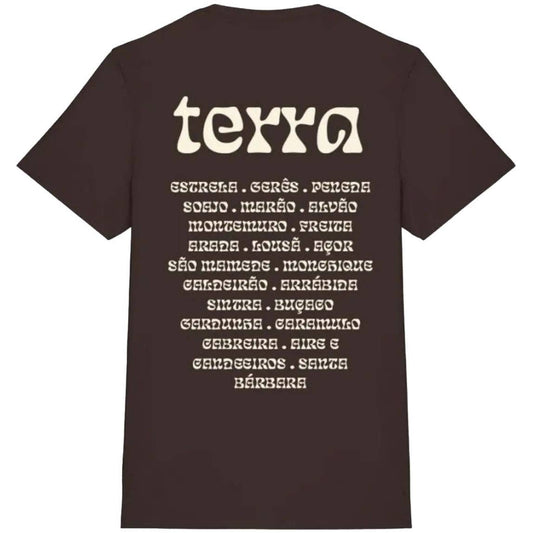 The Terra T-Shirt by Futah features "terra" in bold cream text on the back, with a list of Portuguese towns below—ideal for fans of classic Portugal graphic tees.