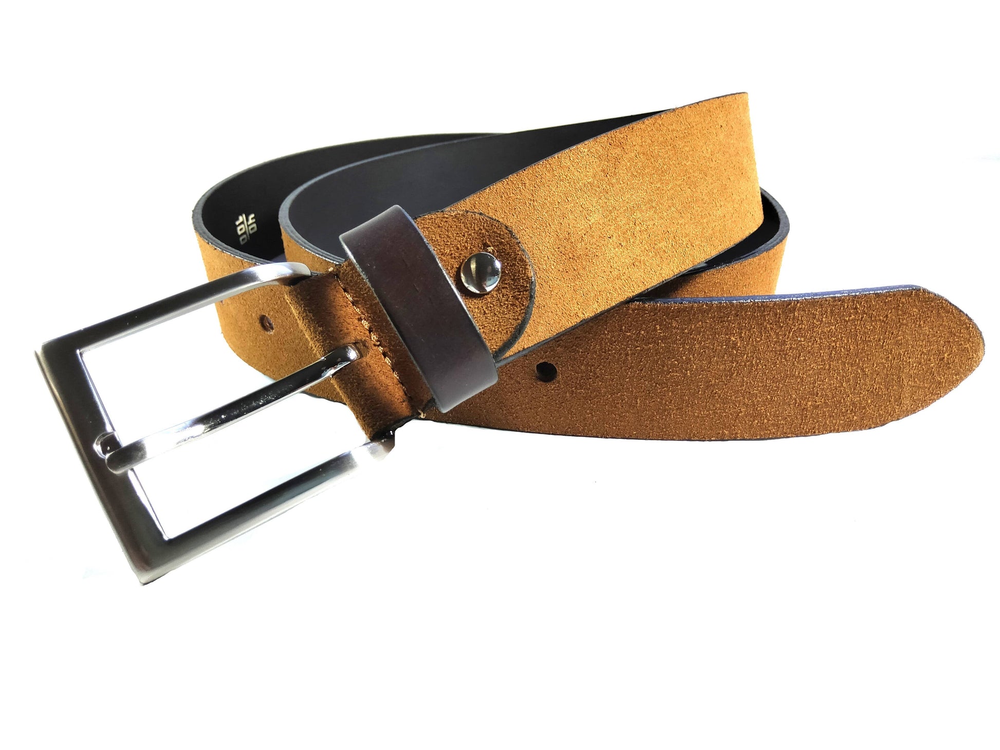 The Creaciones Corpas 3.5cm Nubuck Leather Belt, featuring a Zamak buckle, is shown coiled in a loose loop on a white background.