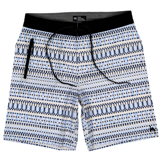 The Cacela Blue Boardshorts by Futah feature a blue, black, and white pattern inspired by the Portuguese coast. Designed with a drawstring waist and zippered side pocket, these men’s swim shorts are displayed flat on a white background.