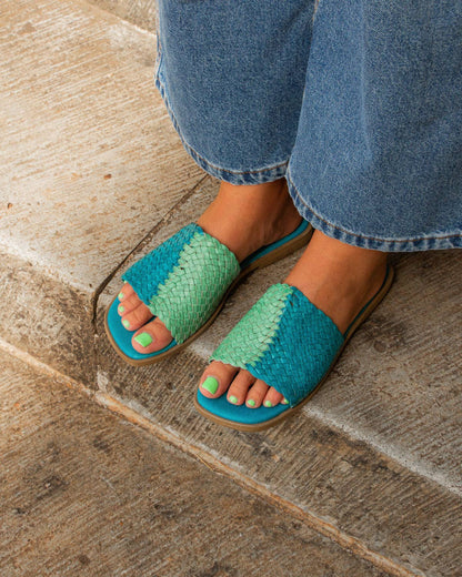 Chapala Menta - Mint and Blue Woven Flat Sandal
