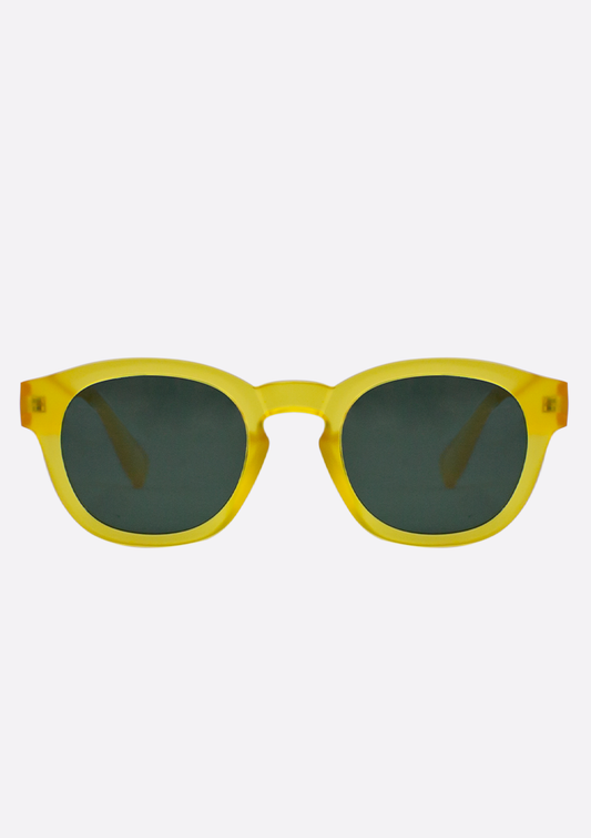 The Oceanides Atlas Yellow Frosted Sunglasses feature dark tinted lenses and a recycled plastic frame, shown against a plain white background.