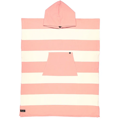 Introducing the Bedu Cotton Beach Poncho by Futah—a premium Portuguese surf and beach poncho crafted from soft cotton, featuring wide horizontal pink and white stripes and a practical front pocket. Shown here laid flat on a white background, this hooded towel poncho offers both comfort and vibrant style, making it an ideal companion for your seaside adventures.