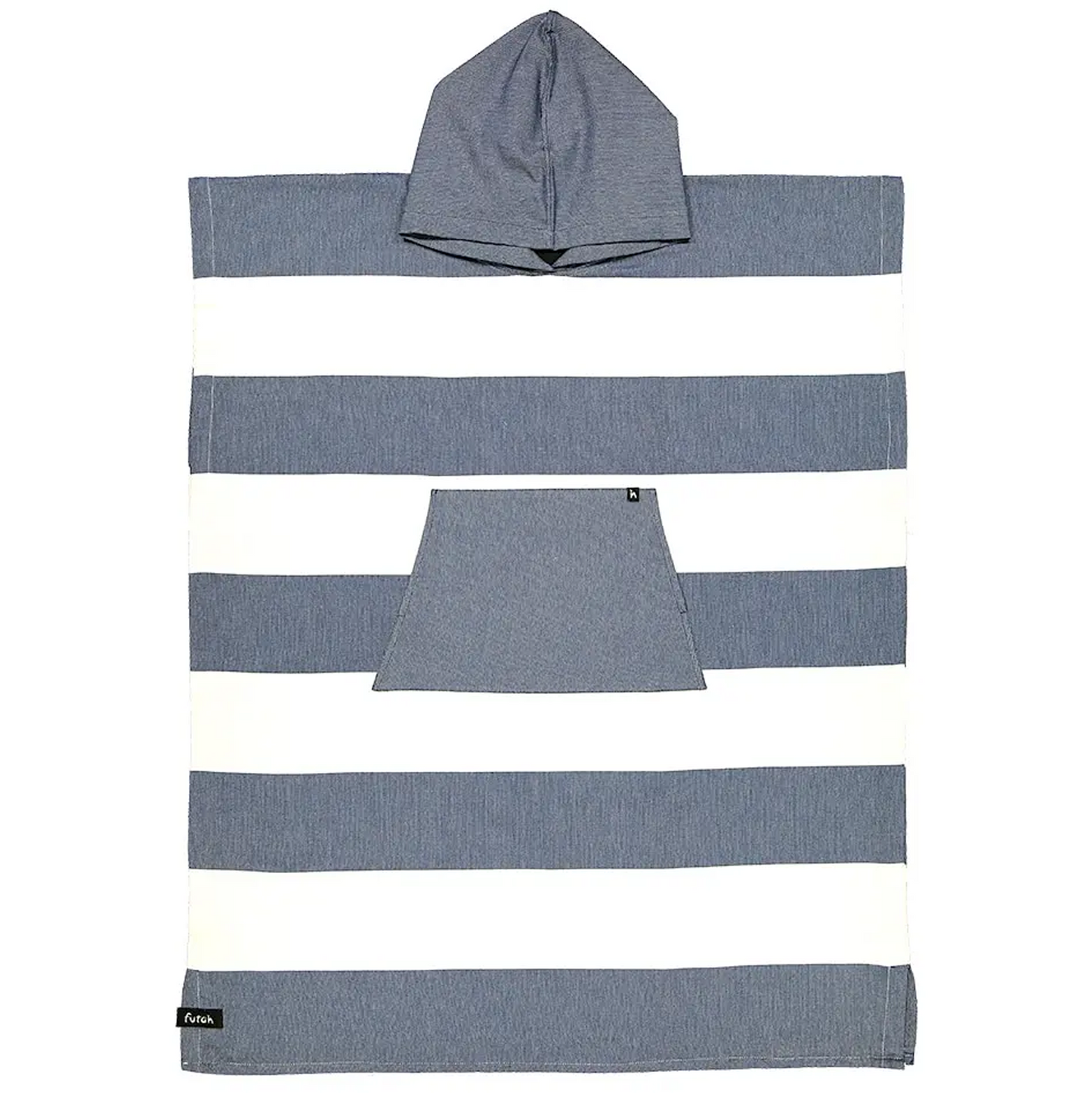 The Futah Bedu Cotton Beach Poncho – Premium Portuguese Surf & Beach Poncho features wide horizontal blue and white stripes, a spacious front pocket, and a hood at the top. Shown laid flat, this poncho towel highlights its soft cotton material and functional design.