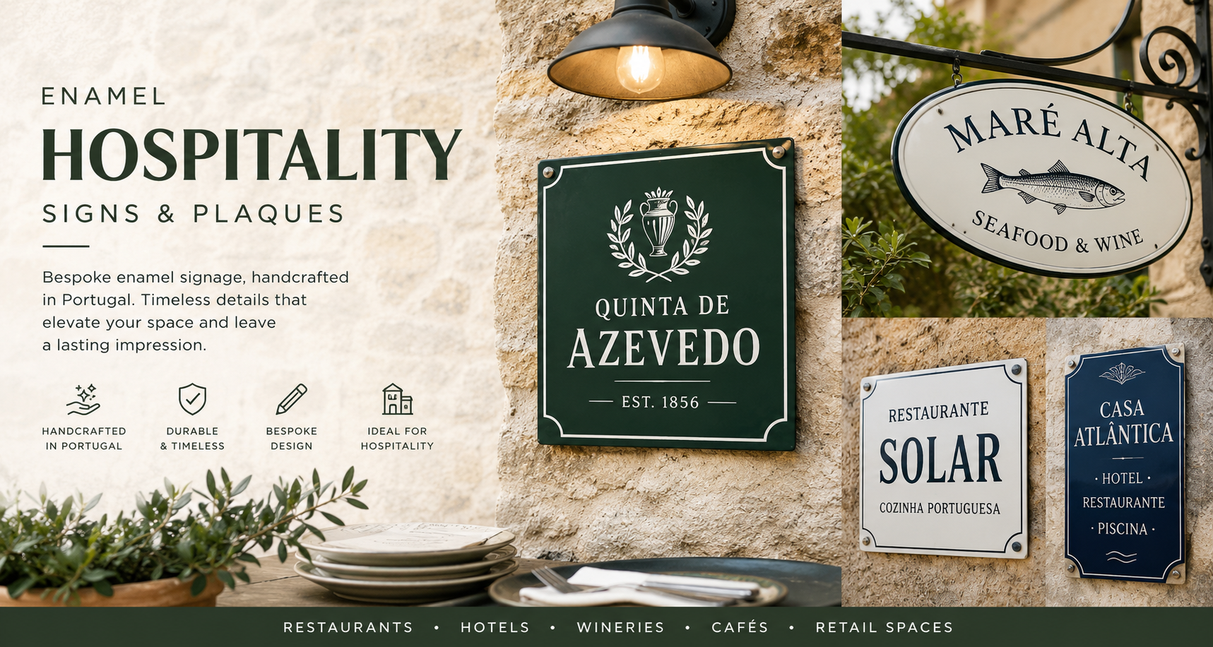 Handcrafted bespoke enamel hospitality signs and plaques for restaurants, hotels, wineries, cafés and commercial projects.