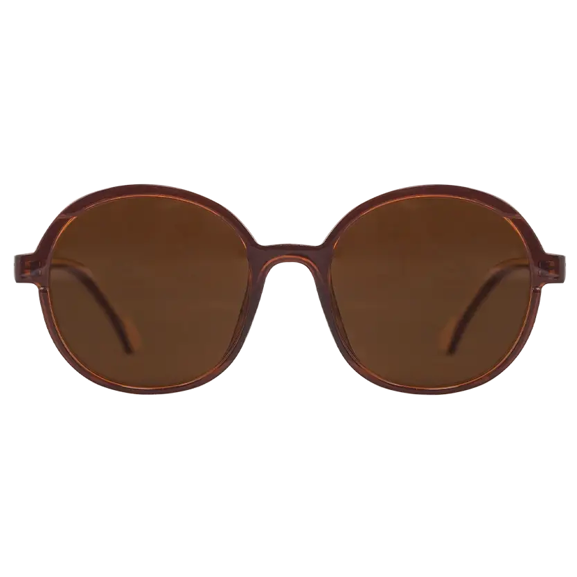Oceanides Brisa Crystal Brown Beige Sunglasses feature oversize round frames with dark brown lenses, shown front-facing on a plain white background—a stylish 80s-inspired accessory for fashion enthusiasts.