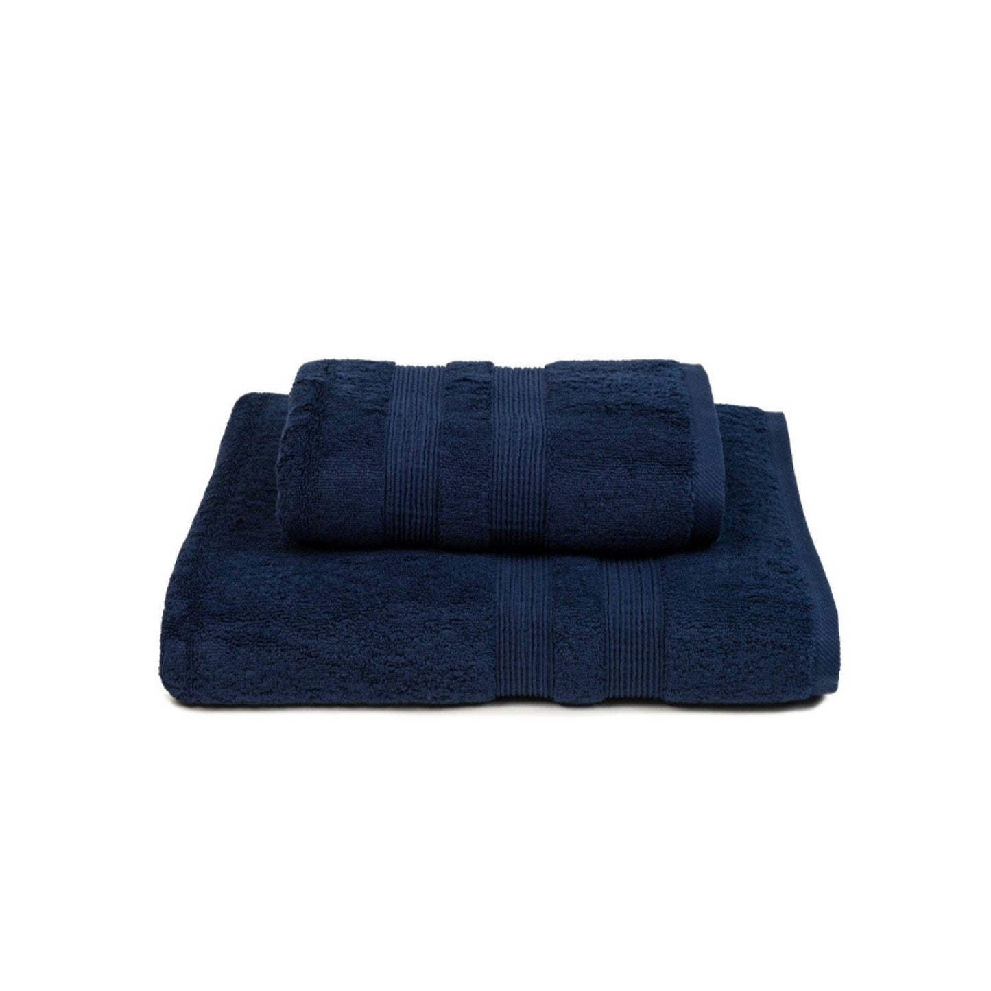 Cobalt towel set with bath and hand towels arranged together.
