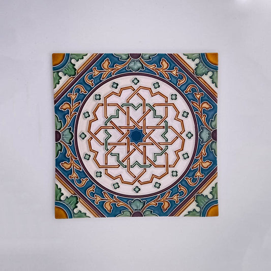 Tejo Shop Decoration Tiles For Walls: Handcrafted ceramic tiles featuring intricate geometric and floral patterns in green, gold, blue, and white with a symmetrical star and ornate border—perfect for adding elegance to your home decor.