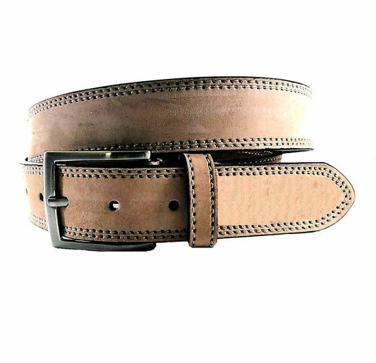 The Creaciones Corpas Handcrafted Nubuck Leather Belt 3.5 cm features light brown nubuck leather, visible stitching, and a silver rectangular buckle. Coiled neatly against a white background. Made in Spain.
