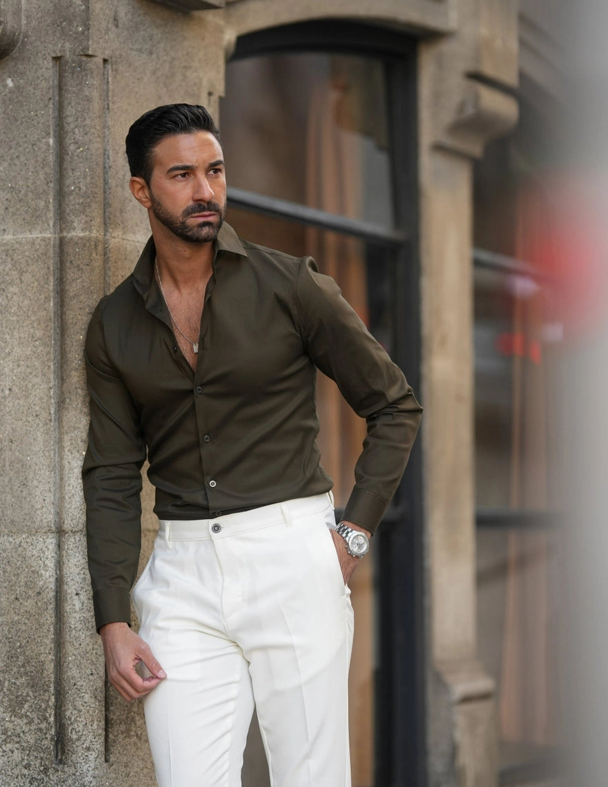 Khaki Elastic Slim Fit Shirt