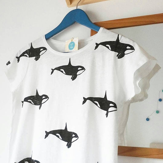 Front view of a hand-printed Orca T-shirt made from 100% cotton, inspired by the marine wildlife of the Strait of Gibraltar.