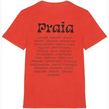 The Praia T-Shirt by Futah features "Praia" in bold black letters at the top, with smaller words below in black text. This Portugal-inspired graphic tee is shown from the back, evoking a vibrant beach vibe.