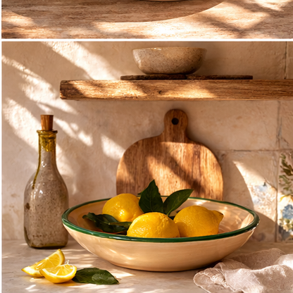 Bowl of lemons with a bottle and cutting board on a wooden shelf