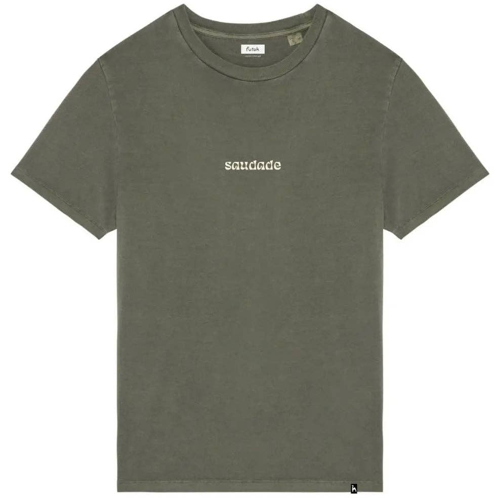 The Saudade T-Shirt by Futah features a plain olive green design with "saudade" in small white lowercase letters across the chest, a classic crew neck, and is made in Portugal for timeless minimalist style.