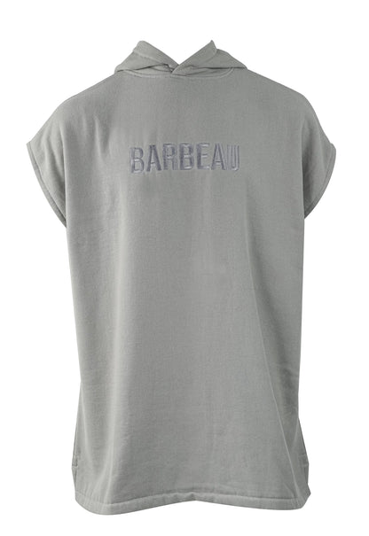 Barbeau Grey hooded poncho showing relaxed fit