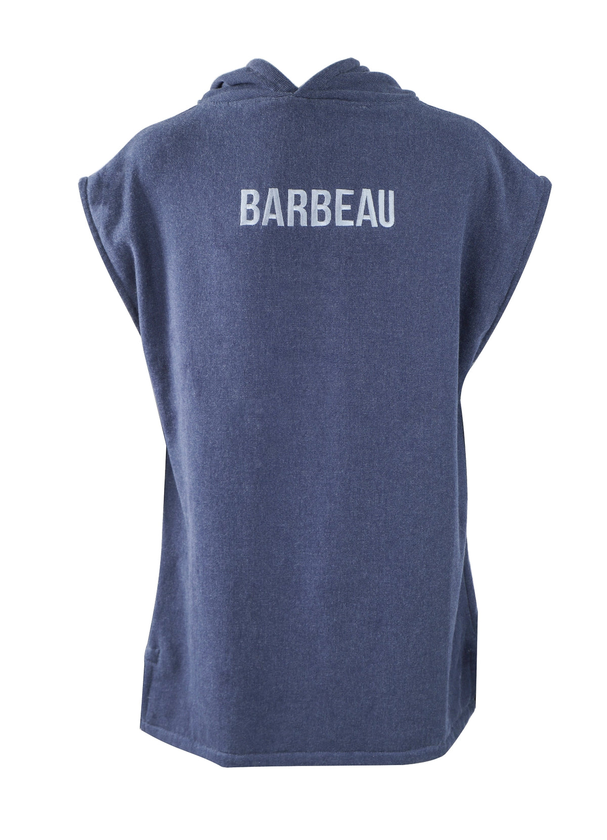 Barbeau Navy hooded poncho showing relaxed fit