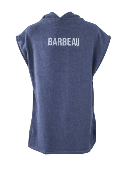 Barbeau Navy hooded poncho showing relaxed fit