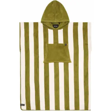 Introducing the Futah Bedu Terry Poncho: an adult hooded beach poncho with vertical olive green and white stripes, made from premium Portuguese cotton. This quick-drying surf poncho features a handy front pocket and a subtle logo tag near the bottom corner.