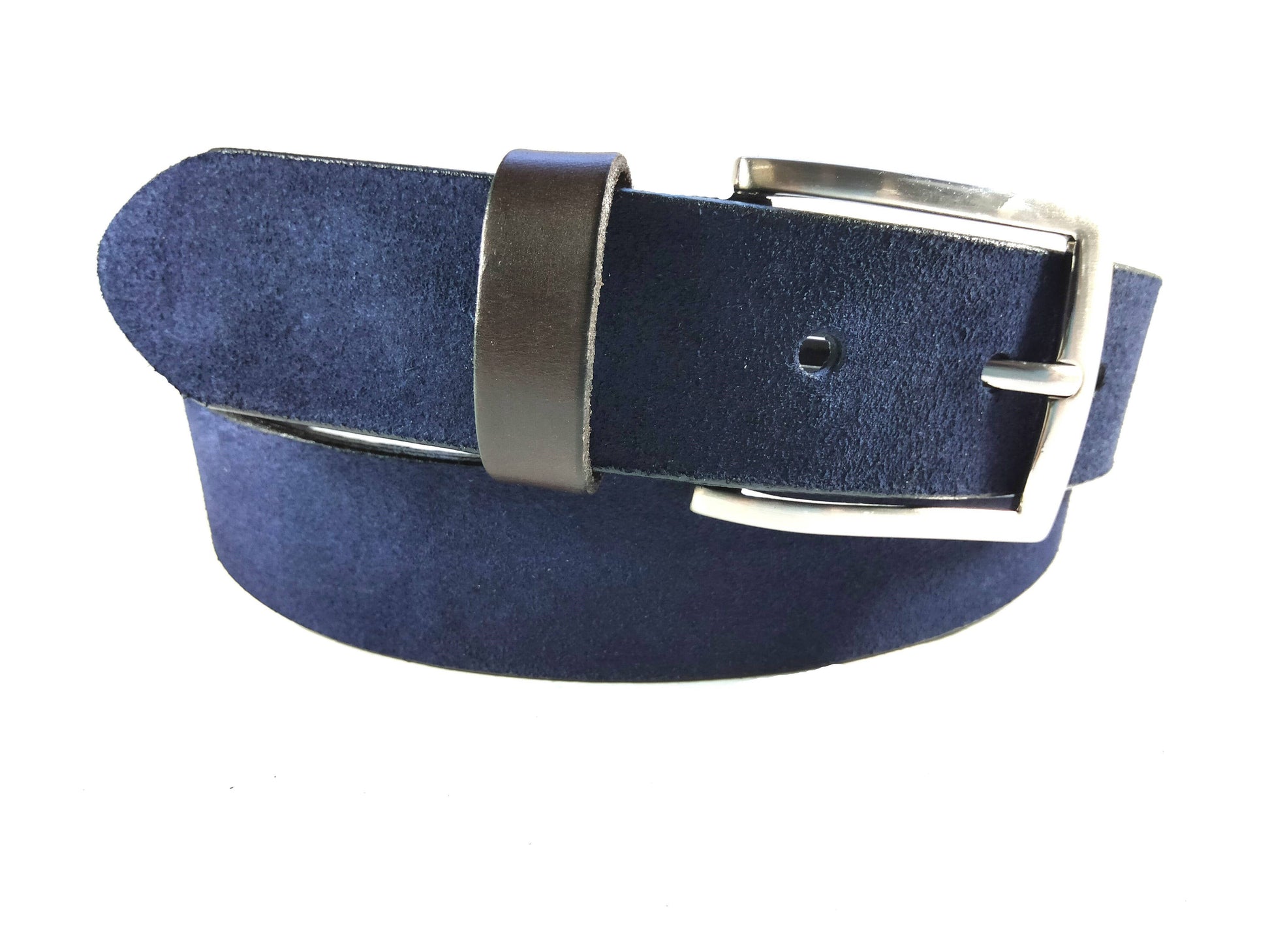 The 3.5cm Nubuck Leather Belt by Creaciones Corpas features dark blue nubuck leather, a silver Zamak buckle, and a brown calfskin loop, showcased against a white background.