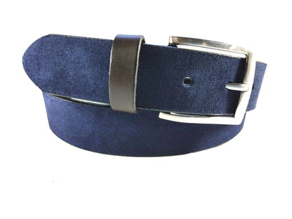 The 3.5cm Nubuck Leather Belt by Creaciones Corpas features dark blue nubuck leather, a silver Zamak buckle, and a brown calfskin loop, showcased against a white background.