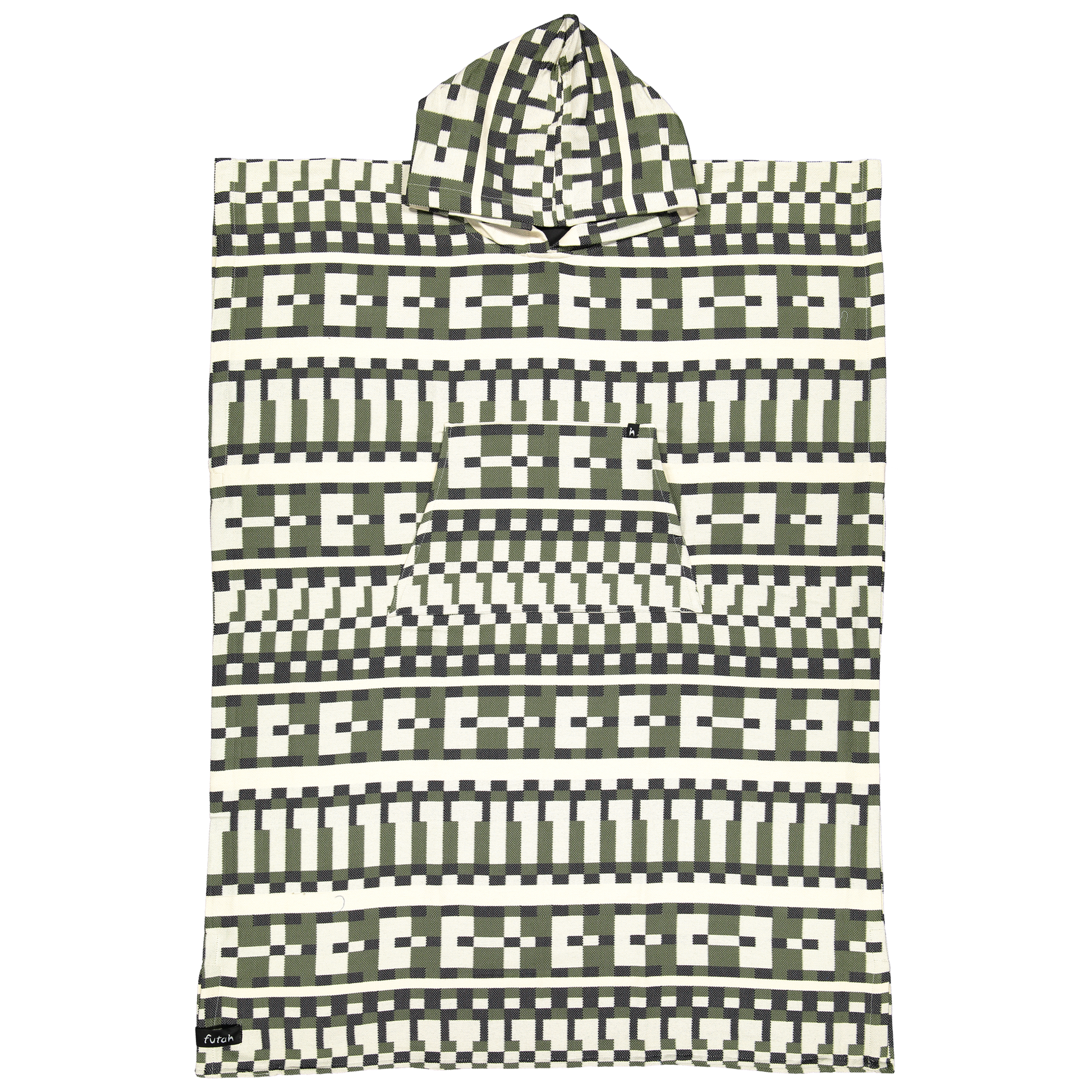 The Cacela Poncho by Futah is a stylish Portuguese beachwear piece, featuring a hooded design with a black, white, and green geometric checkered pattern. Crafted from lightweight cotton in a rectangular silhouette and finished with a front pocket, it’s shown here laid flat on a white background.
