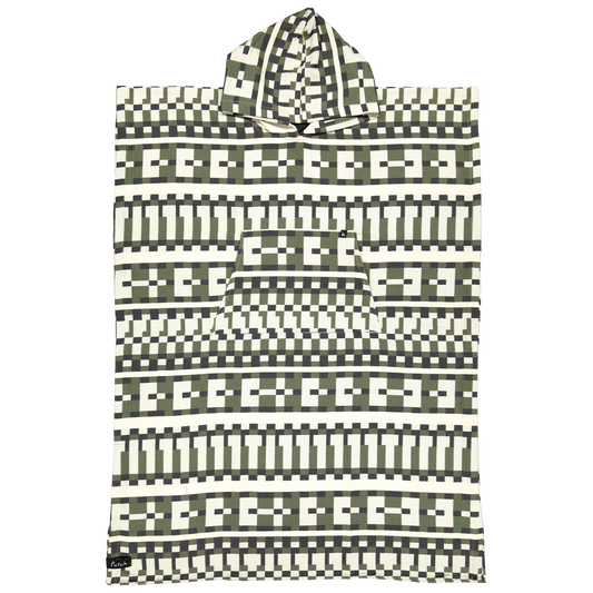 The Cacela Poncho by Futah is a stylish Portuguese beachwear piece, featuring a hooded design with a black, white, and green geometric checkered pattern. Crafted from lightweight cotton in a rectangular silhouette and finished with a front pocket, it’s shown here laid flat on a white background.