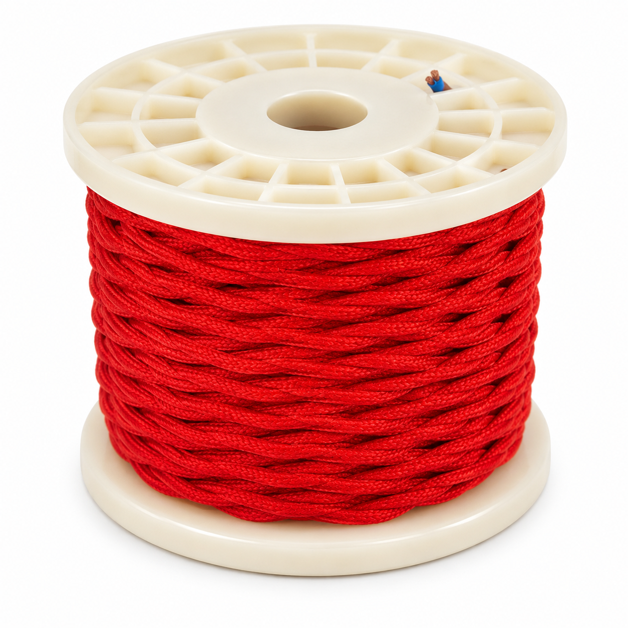 Red braided textile electrical cable for custom pendant lighting, designed for handcrafted enamel pendant lamps and decorative lighting installations.