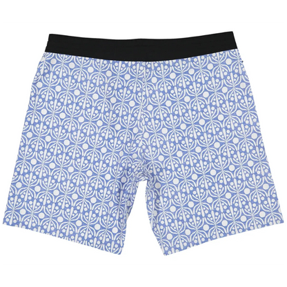 Futah Flora Blue men's swim shorts with blue and white geometric pattern