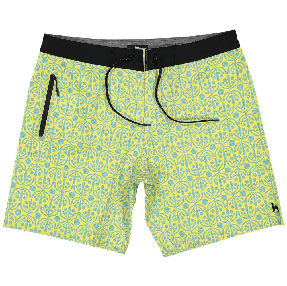 Futah Flora Yellow Boardshorts with green and yellow geometric print, black waistband and zipped pocket