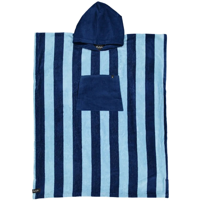 The Bedu Terry Poncho by Futah is an adult beach poncho crafted from premium Portuguese cotton, designed with vertical dark blue and light blue stripes. It features a hood at the top and a central front pocket, and is quick-drying—making it ideal for seaside adventures.