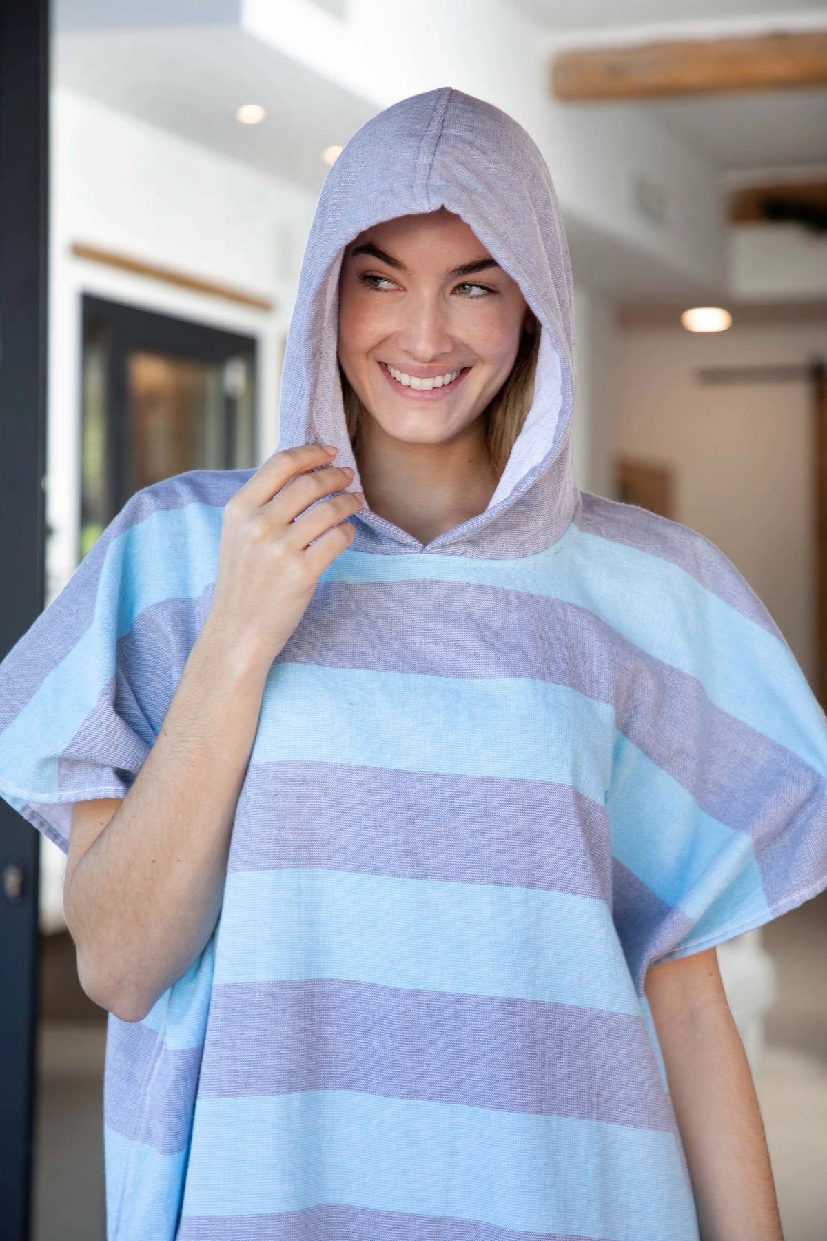 Hadner Turquoise Pirate beach poncho hood and stripe detail