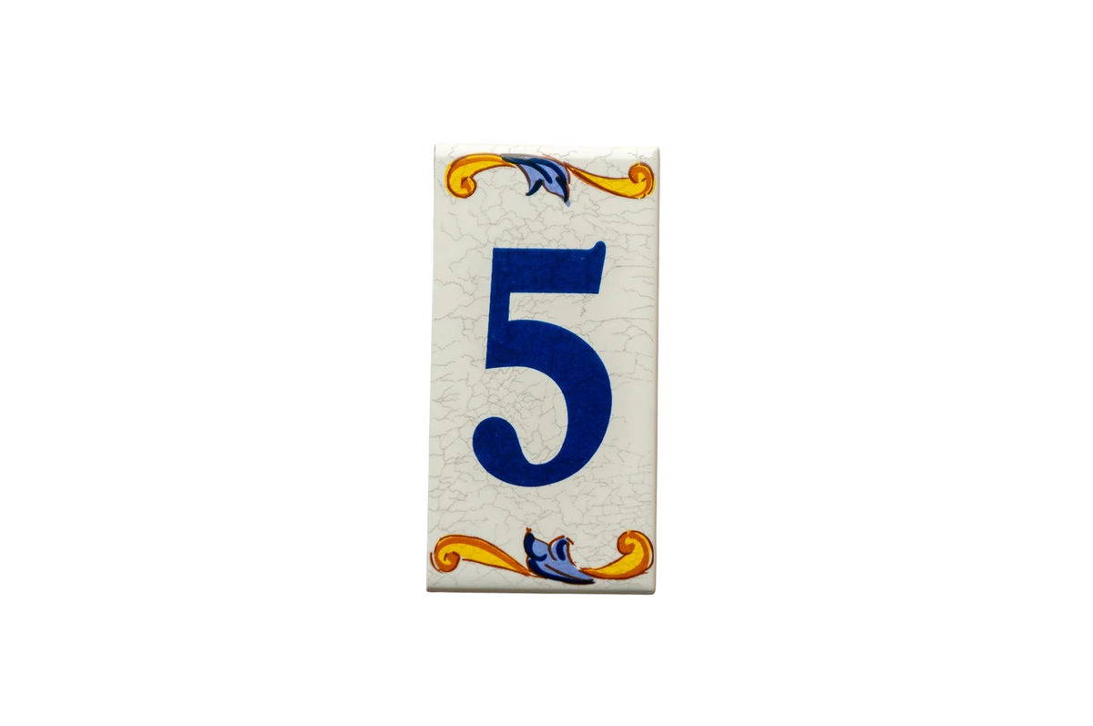 Lisa Croquets Numbers – Ceramic House Number Tiles: a rectangular ceramic tile featuring the blue number 5 with decorative yellow and blue flourishes at the top and bottom.