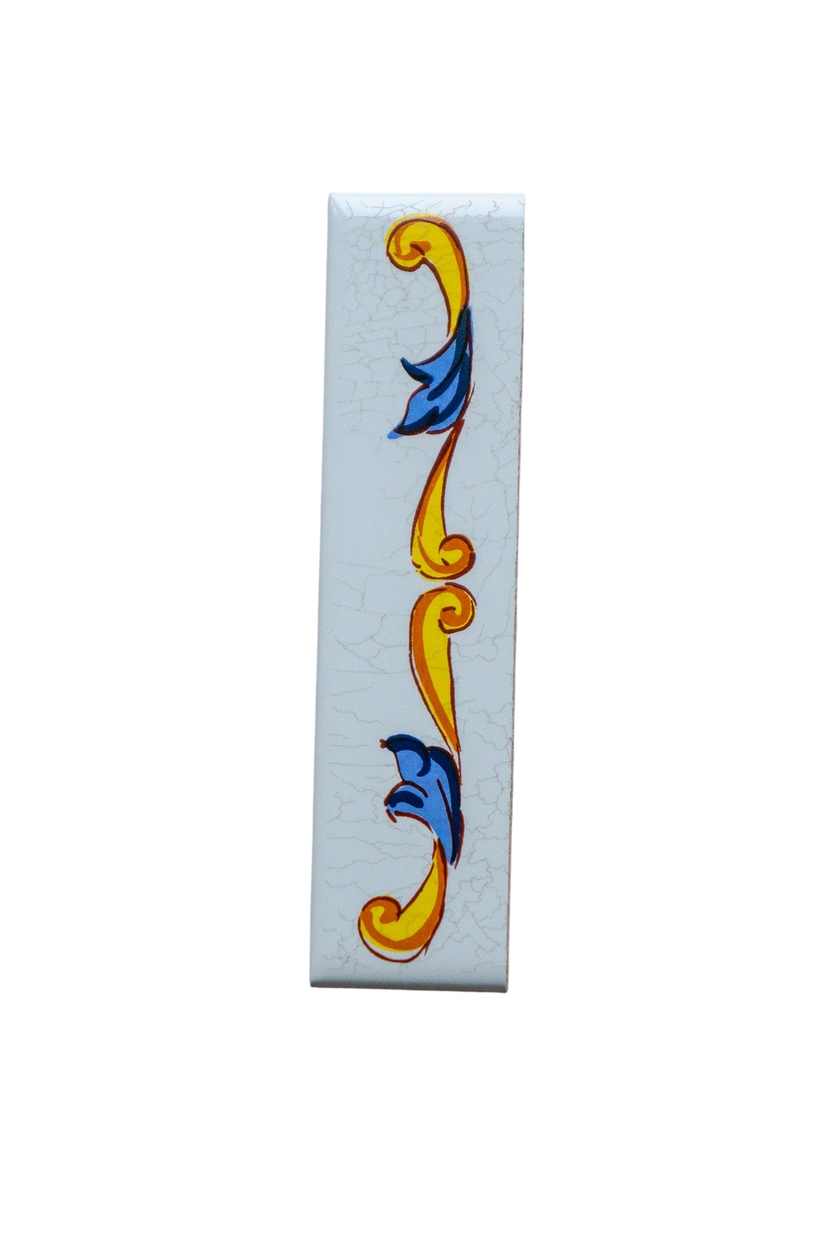 Vertical Lisa Croquets Numbers ceramic house number tile featuring a yellow and blue decorative scroll pattern, handcrafted in Spain.
