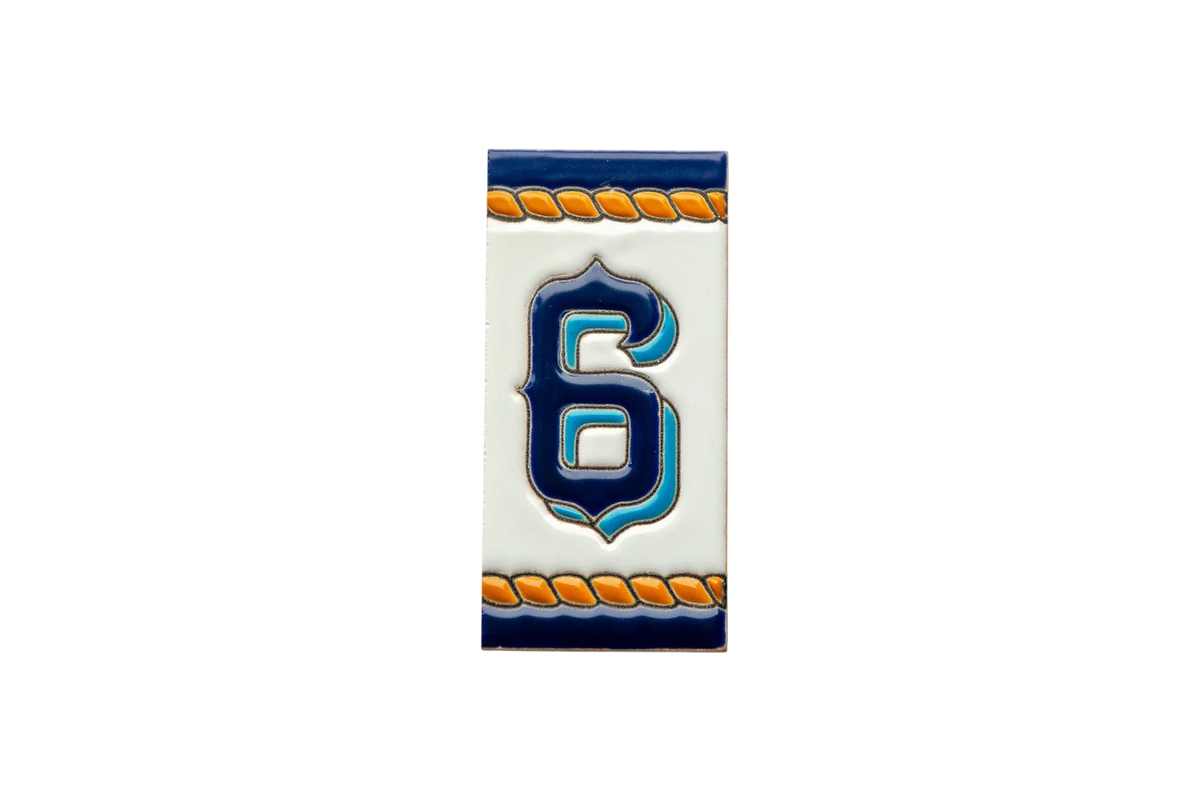 Marine Ceramic House Number & Letter Tile featuring a rectangular digit 6 in dark blue and teal, framed by an orange rope border.