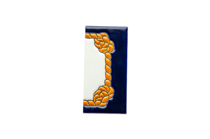 Marine Ceramic House Number & Letter Tile featuring a rectangular shape, a white center, a dark blue border, and a yellow rope motif in the style of Mediterranean house number tiles.
